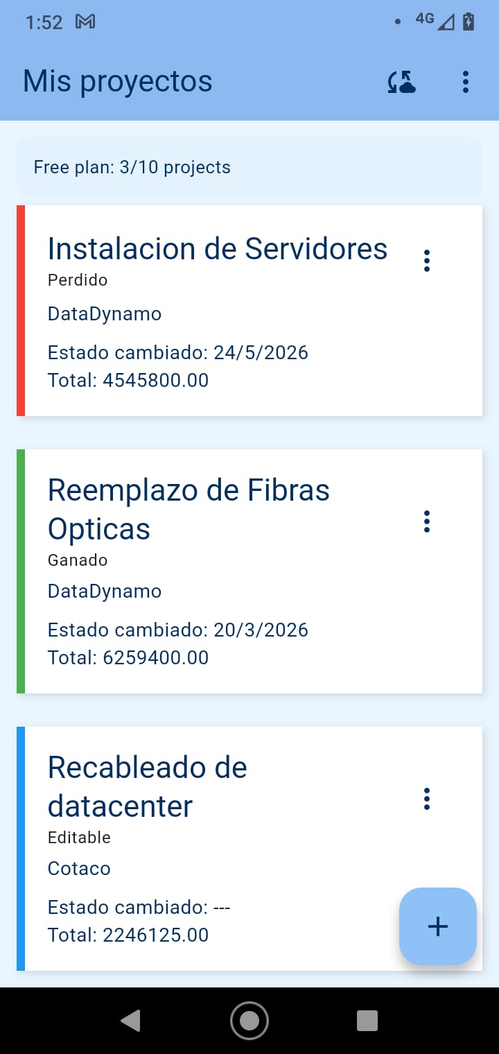App móvil de Cam Inspector con listado de proyectos